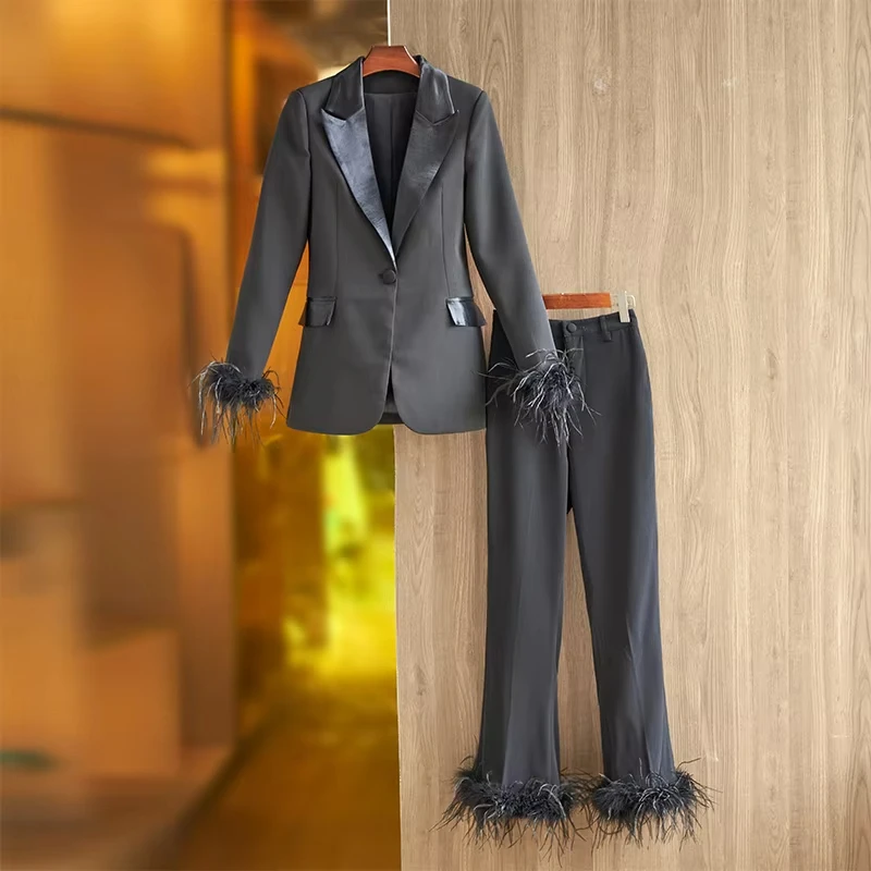 

England Style Luxury Design Black Ostrich Feather Patchwork Street Women Pants Sets Quality Suits