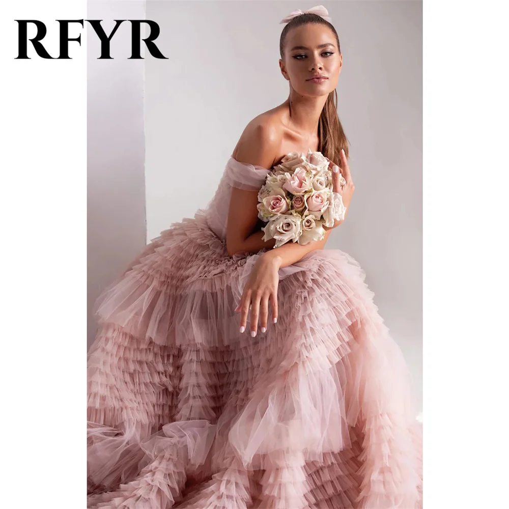 RFYR Dusty Pink Prom Dress Strapless Crumpled Ruffles Evening Dress Off The Shoulder Tiered Tulle فستان سهرة A-Line Party Dress