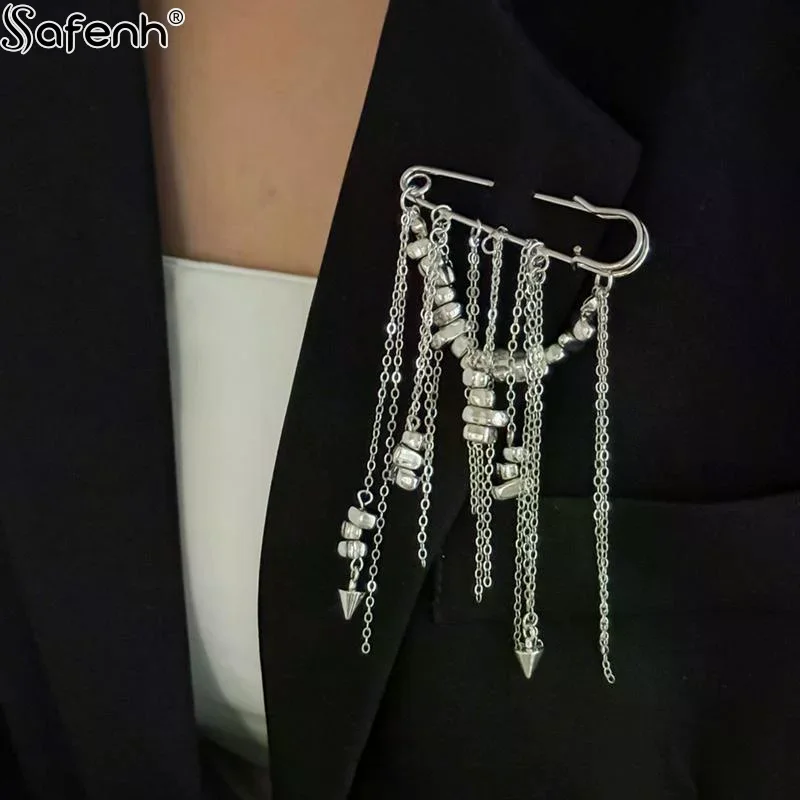 1PC Fashion Exaggerated Metal Chain Tassel Chain Pin Brooch For Women New Cool Suit Shirt Charm Fixed Needle Accessorie Jewelry