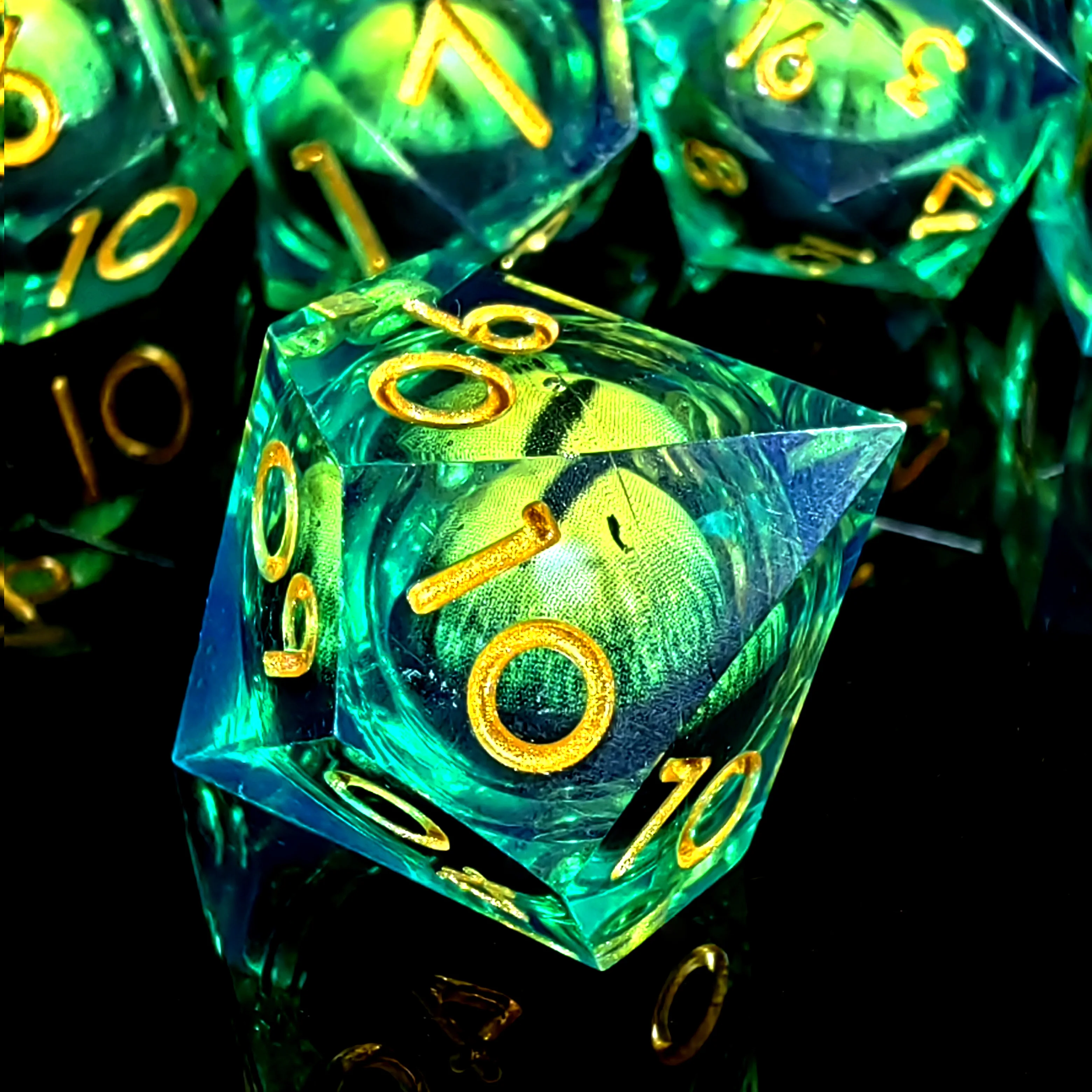 DnD Dice Set - 7-Piece Resin Polyhedral Dice with Spinning Dragon Eye Core, Light Green for Dungeons and Dragons, Tabletop Games view 2