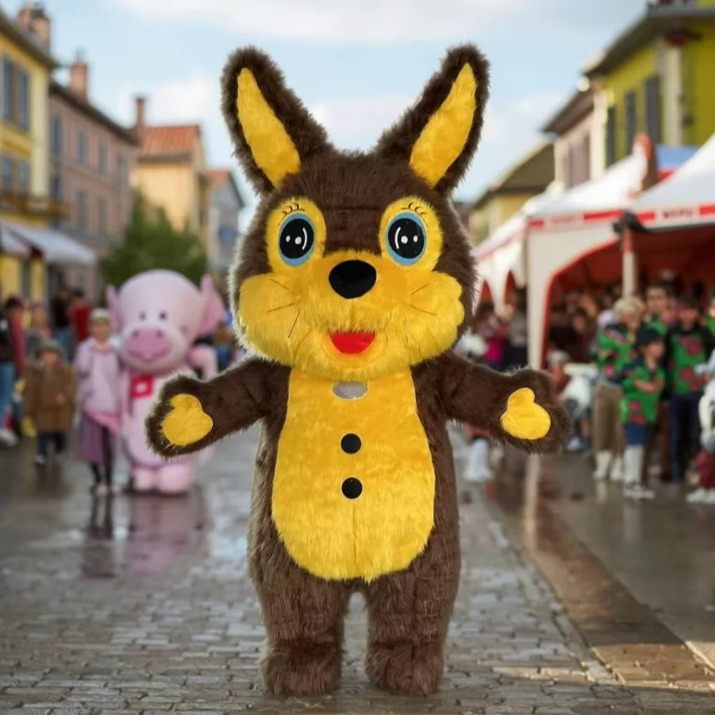 Cartoon opblaasbaar bruin konijn mascottekostuum schattig konijntje opblaasoutfit voor volwassenen feest cosplay geen batterij inbegrepen