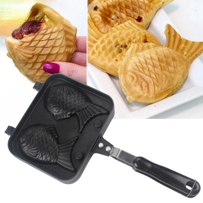 Sartén de cocina japonesa Taiyaki con forma de pez, postre caliente, máquina para hacer gofres y pasteles, sartén doble para panqueques, sartén para freír, moldes para gofres
