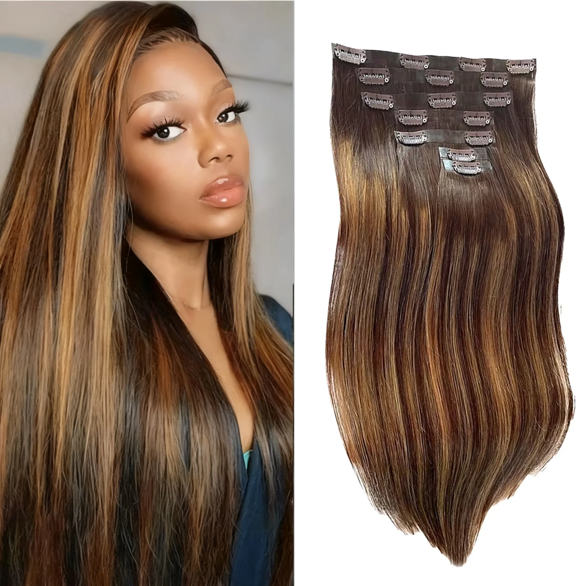 

Highlight Ombre Clip In Hair Extensions Straight Human Hair 24 26Inch Colored 100% Human Hair 120g 9 Pcs/Set Extensions Clip Ins
