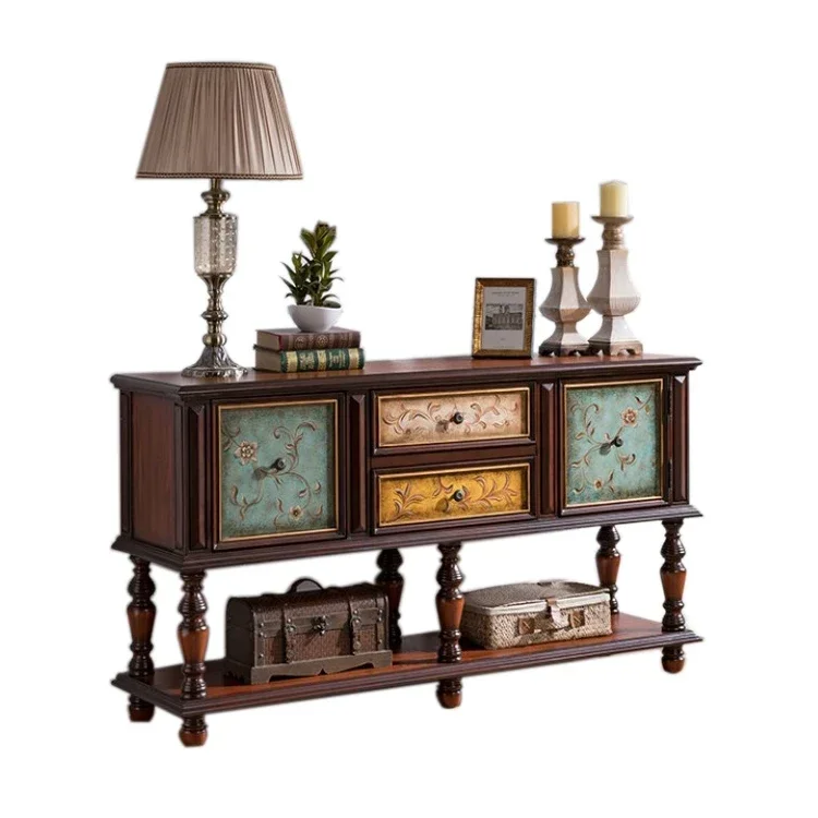 

American-Style Solid Wood Vintage Sideboard Hand Painted Entrance Cabinet Living Room Curio Cabinet