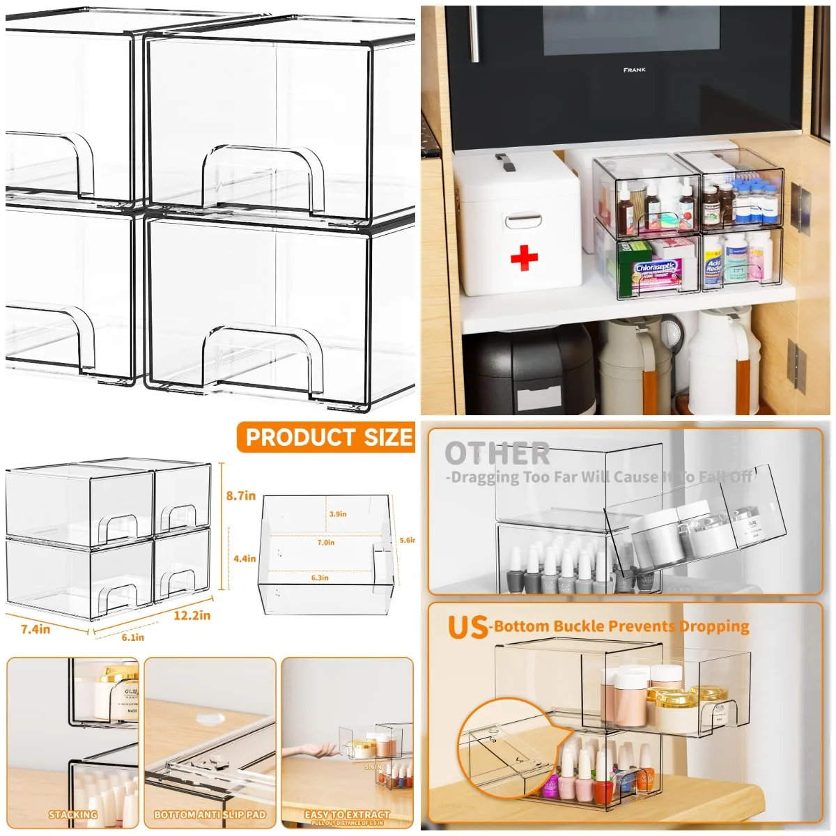 

4 Pack Clear Acrylic Stackable Drawers, 4.4' Tall Storage Bins for Bathroom, Cabinet, Under Sink Organizers