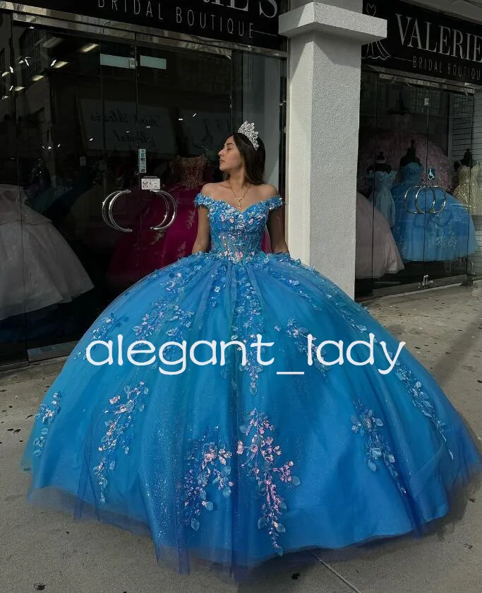 Gaun 3D bahu terbuka Applique bunga 3D gaun Quinceanera putri gemerlap biru mewah vestidos de 15 aultros quinceaera 2024