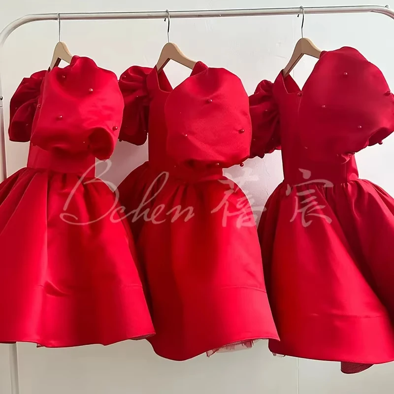 

2025 New Girls Dress Glossy SatinClothes 1-10Y Dress Pearl Beading Puff Sleeve Infant Pearlescent Pettiskirt SilkToddler Party