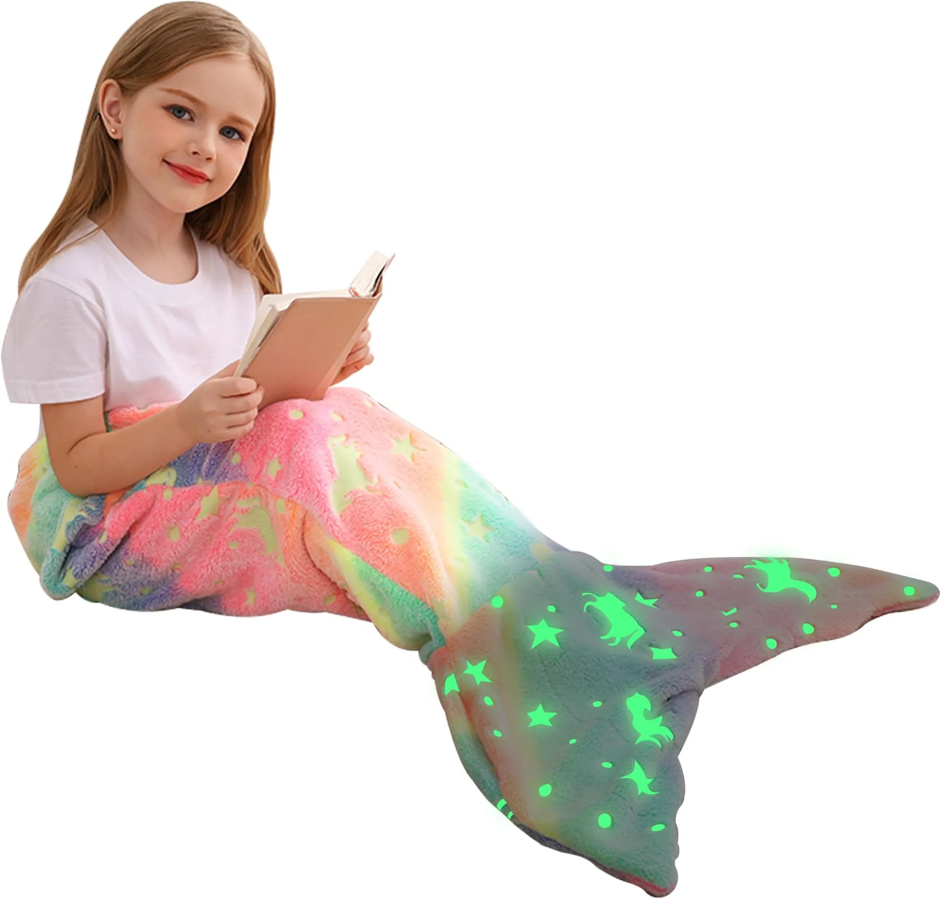 

New Super Soft Glow in The Dark Cartoon Rainbow Unicorn Mermaid Tail Blanket Soft Flannel Wearable Gifts for women's All Seasons