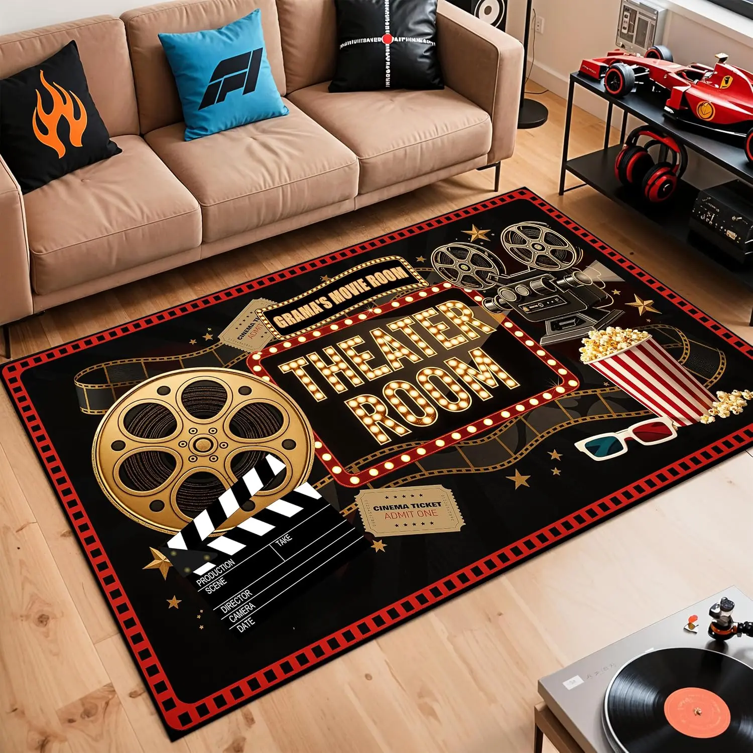 Custom Cinema Area Rug, Soft Non-Slip Carpet for Home Theater Living Room, Cinematic Vibe Decor Floor Mat