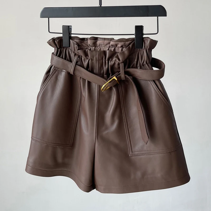 6 Colors Real Leather Shorts for Women Elastic High Waist Lace-up Wide-leg Short Pant Casual Loose A-line Sheepskin Shorts Femme