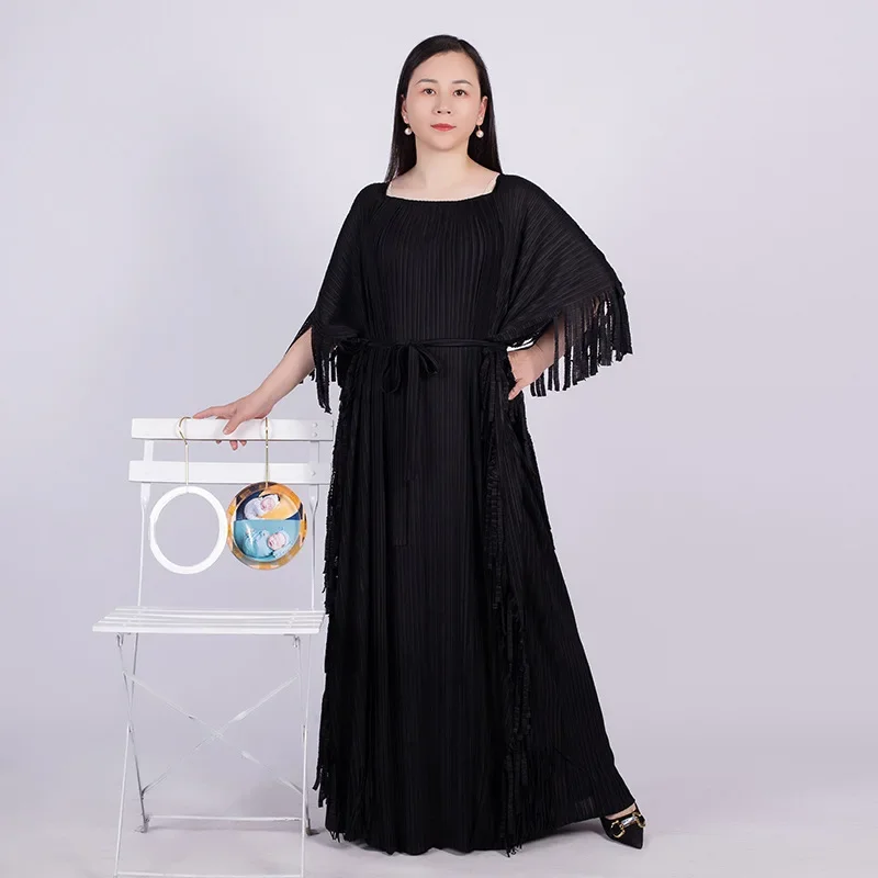 Miyake Pleated Dress Women 2023 Spring New Shawl Tassel Fake Two Lace-up Loose Long Dresses For Women Party Clothes