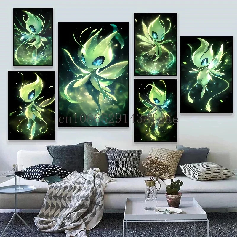 Japonês Anime Periférico Pokemon Poster Decor, Celebi Quadro, Wall Art, Pintura da lona aquarela, Modern Room Decor, Kids 'Presentes