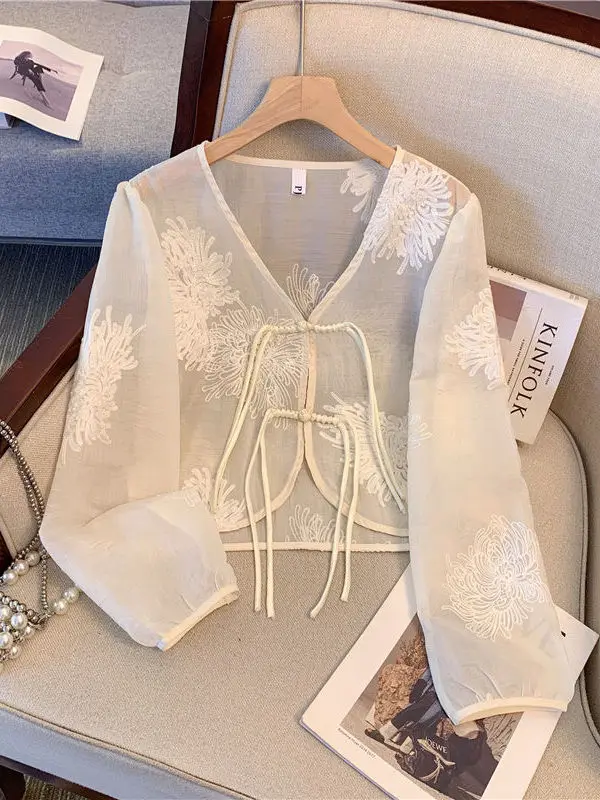 

Новый китайский тонкий кардиган с длинными рукавами для защиты от солнца, женский, больших размеров, летний, с V-образным вырезом и узором в стиле пэчворк