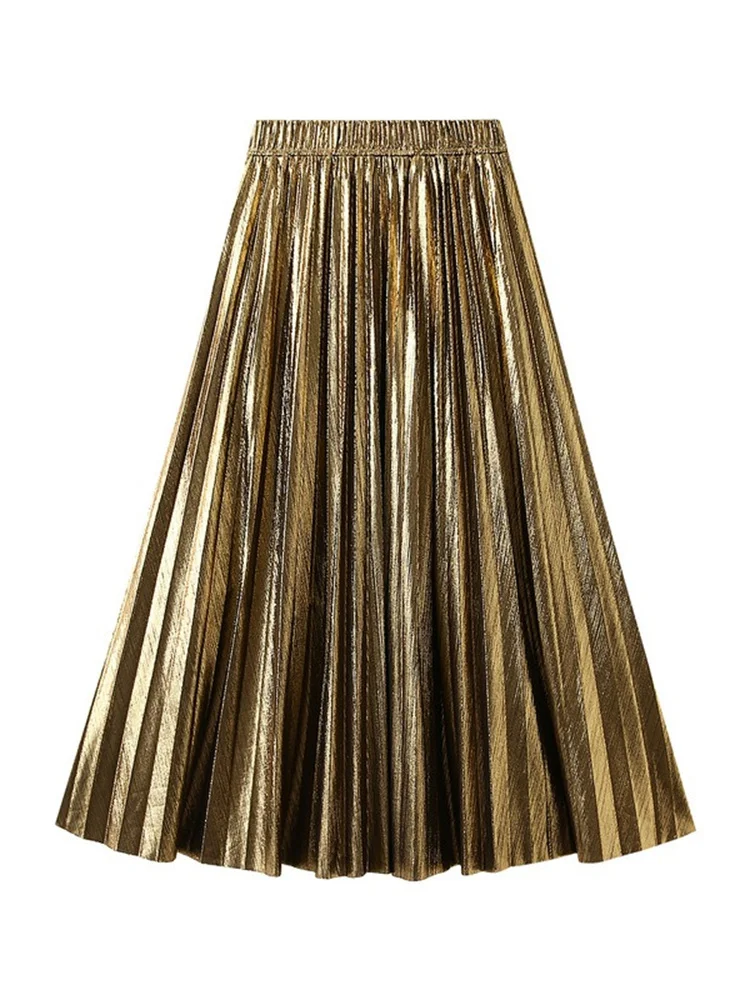 Elegant Pleated Maxi High Waist Harajuku Large Swing Gold Long Skirts Women Solid Retro Vintage Shiny Silk Organ Autumn Skirt