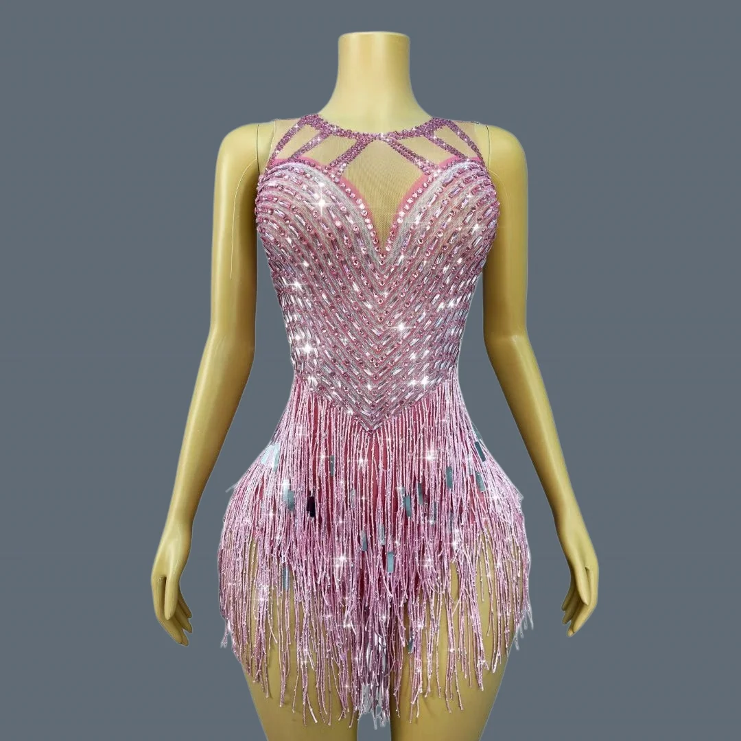 

Sparkly Rhinestone Tassel Sheer Mesh Bodysuit Women Sleeveless Cutout Latin Dance Club Stage Performance Chic Costume Piaoliu