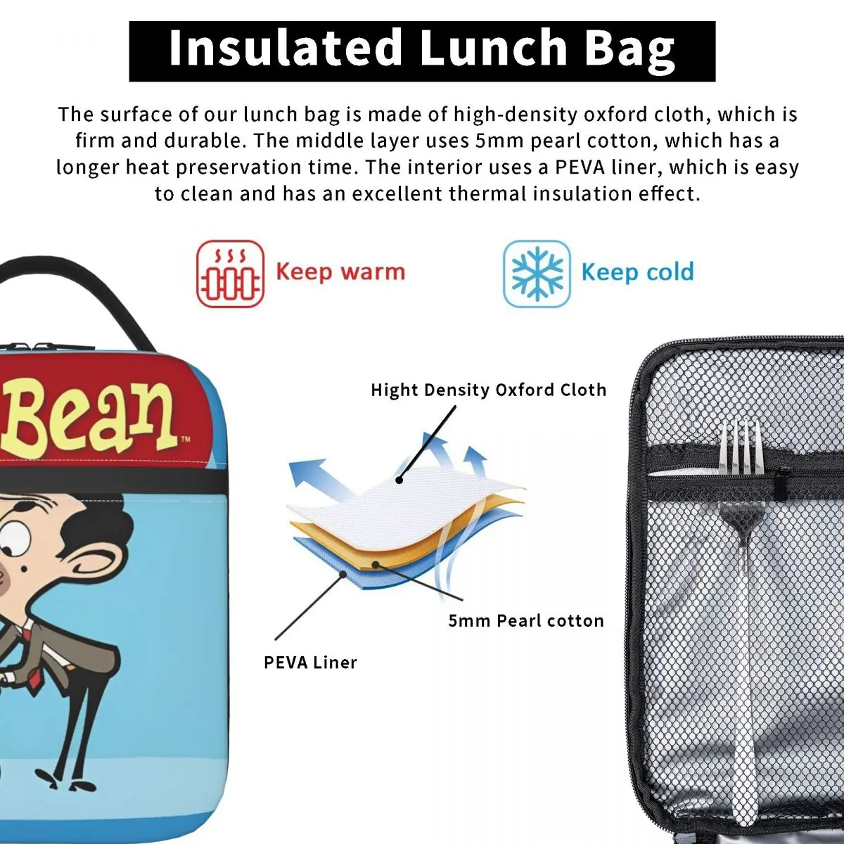 أكياس الغداء المعزولة برسوم كرتونية من Mr Beans، حاوية وجبة كبيرة، حقيبة للحفاظ على البرودة، صندوق غداء للكلية والسفر للفتيات والأولاد