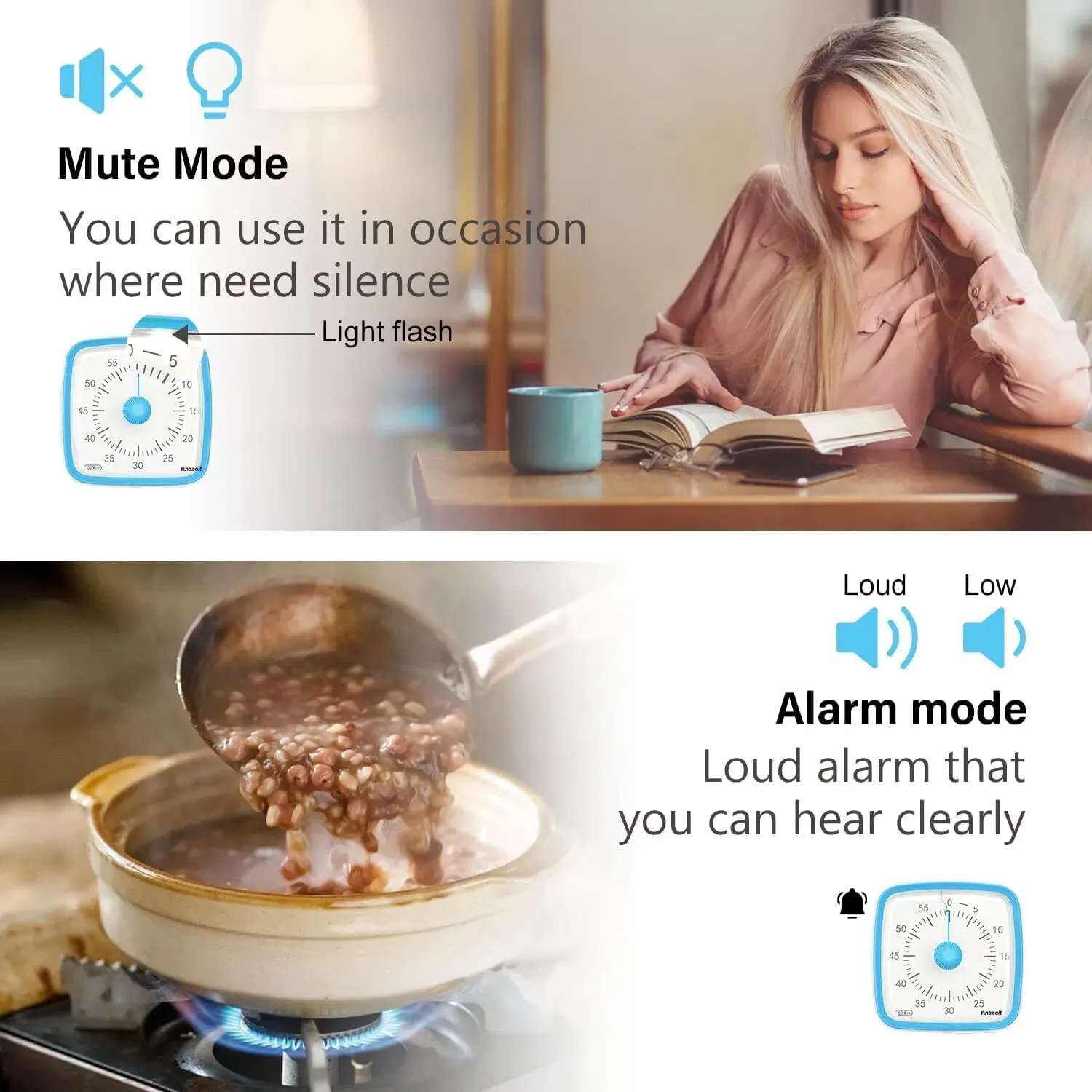 Yunbaoit Visual Timer with Night Light, 60-Minute Countdown Timer for Kids and Adults, Silent Timer for Home, Kitchen, Or School