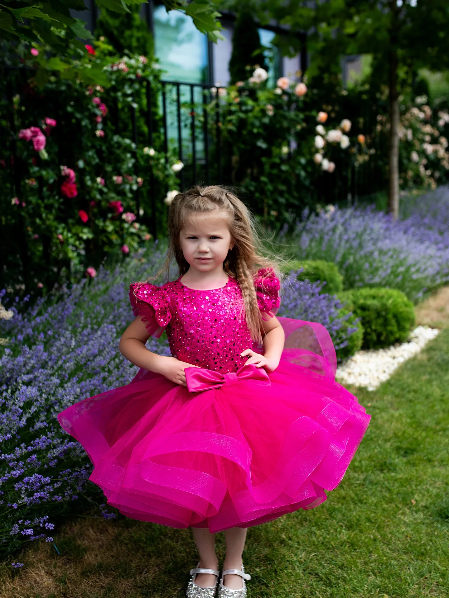 فستان فتاة الزهور للأطفال لحفلات أعياد الميلاد، فستان وردي ساخن للأطفال الصغار، فستان قصير مزين بالترتر، طول الركبة، أكمام قصيرة متدرجة #4