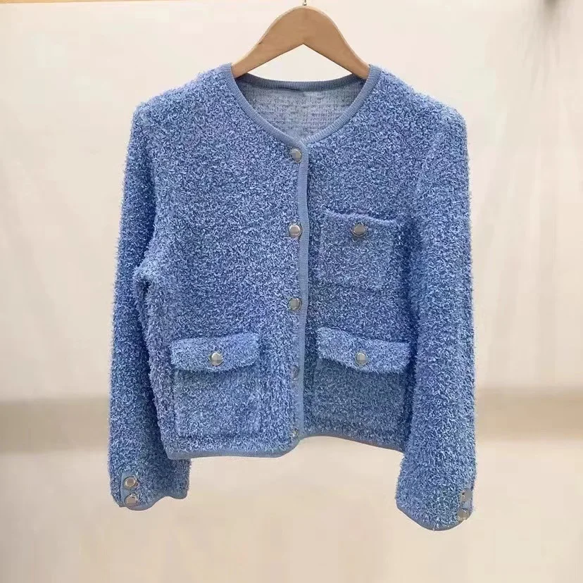

Women Coat Solid O-neck Single Breasted Plush Soft 2024 Spring New Long Sleeve Knitted Tops
