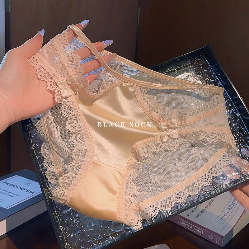 French Luxury Pure - Lust Ladies' Triangle Panties Featuring Semi - Transparent Lace Bowknot and Breathable Pure Cotton Crotch
