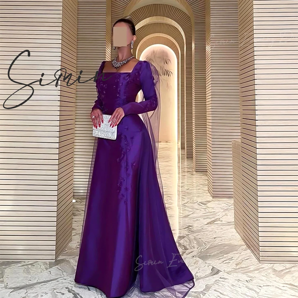 Simin Satin Arabic Long Sleeves Pleated Luxury Appliques Evening dresses Exquisite Mermaid Flowers Formal Party Gowns For Women