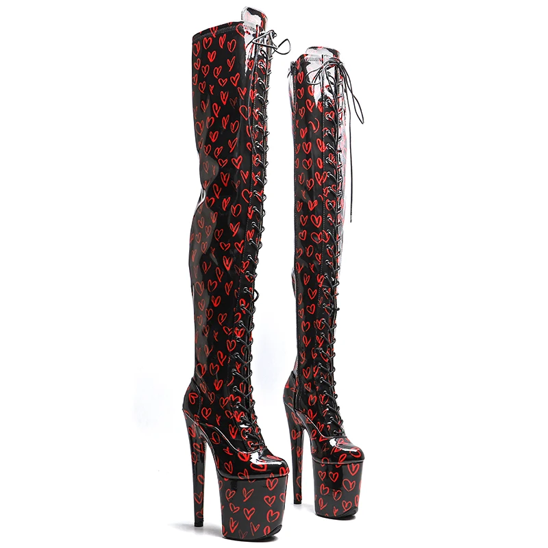 Leecabe  20CM/8inches Patent  PU  Heart-shaped pattern stripper heel party fashion platform High Heel  Pole Dance boots