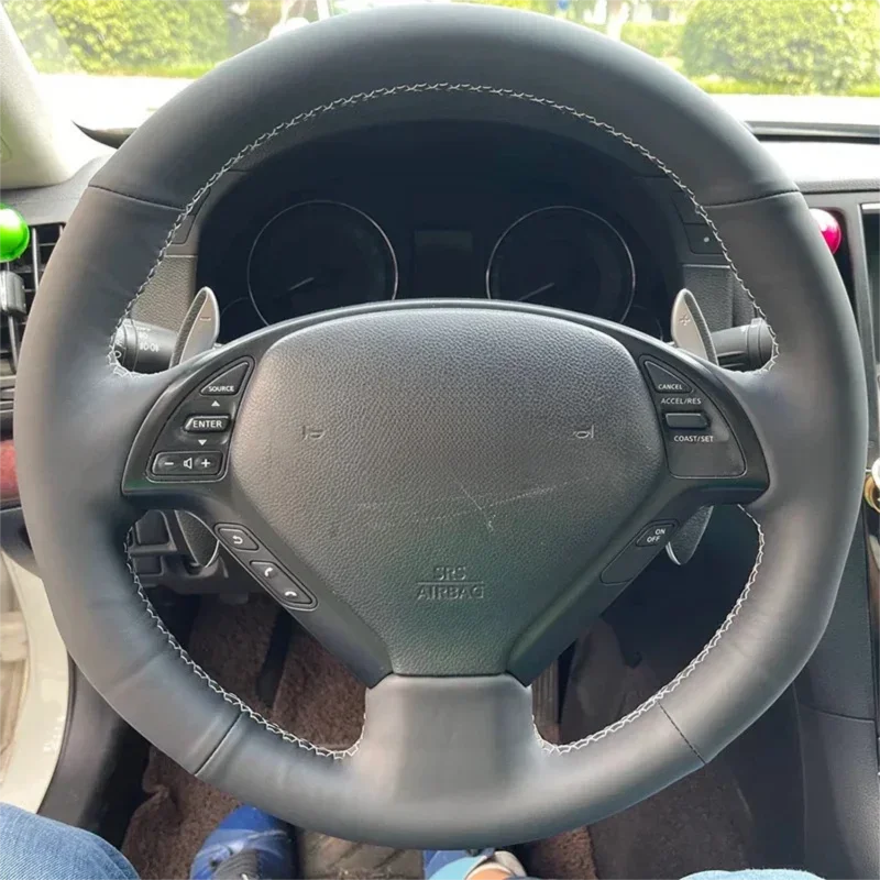 Hand‑Sewn Full‑Wrap Non‑Perforated Genuine Leather Steering Wheel Cover Specially Fit for Infiniti G‑Series EX25 EX35 EX37