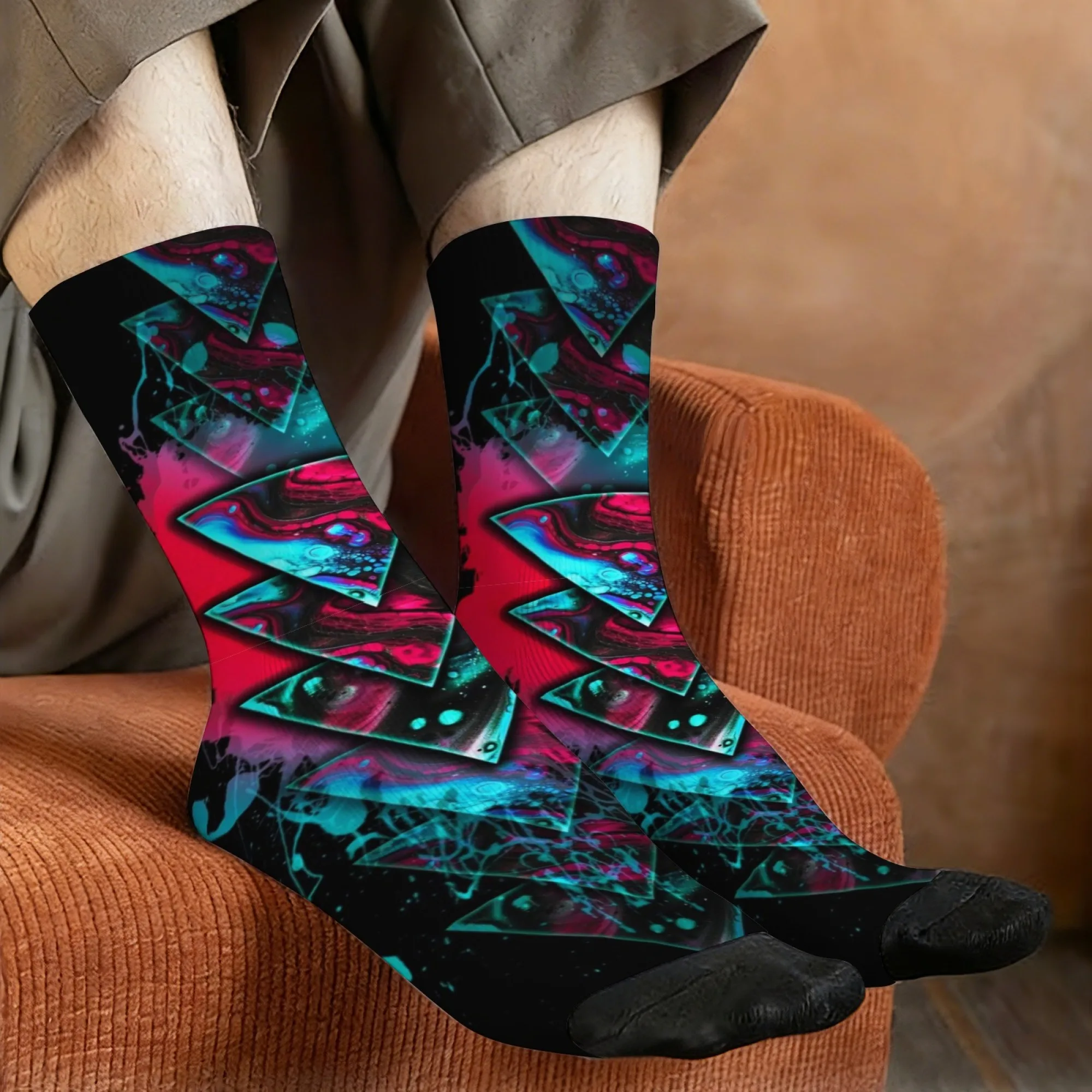 Neon Fluid Triangle Socks Durable Lightweight Smooth Men's Socks Cycling Hiking Camping Street Style Cool Trendy Edgy Crew Socks
