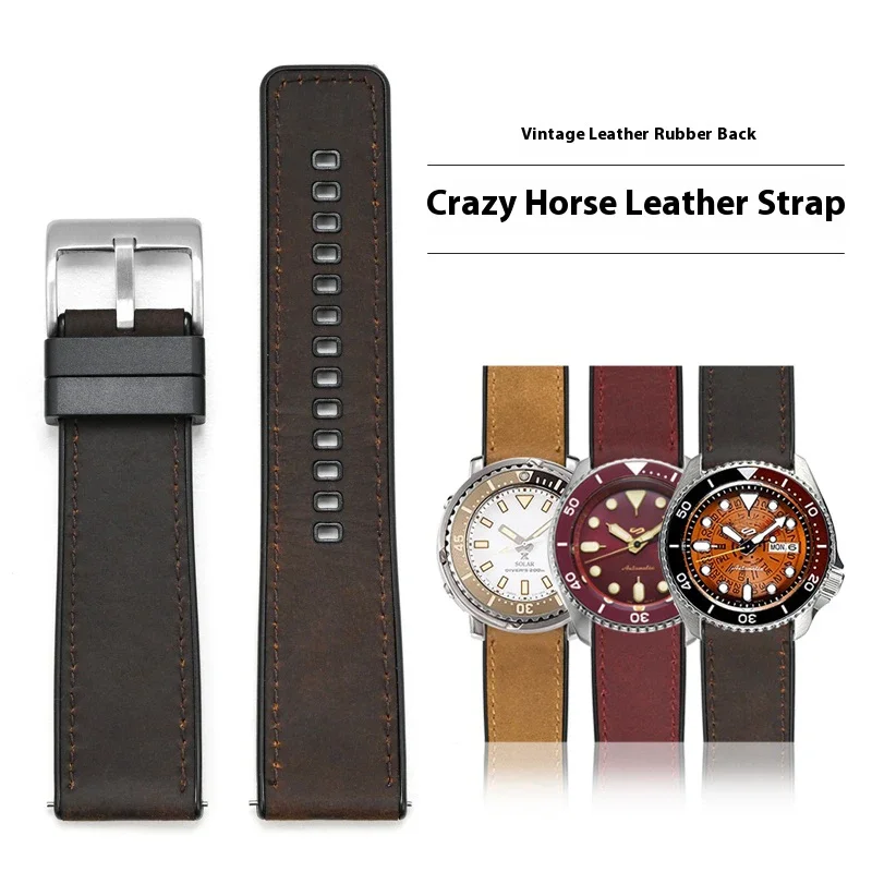 Retro Crazy Horse Genuine Leather Strap 20/22/24mm for Huawei Seiko Waterproof Silicone Bottom Watch Band for Omega MoonSwatch