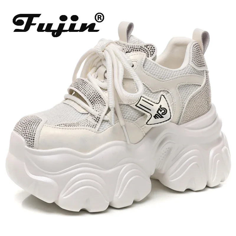 Fujin 8cm Microfiber Leather Spring Platform Wedge Women Casual Shoes Bling Fashion Autumn Shoes Chunky Sneakers Skate Boarding