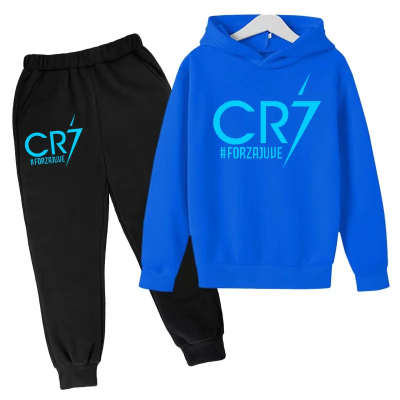 Kids Fall Clothing Hoodie Football CR7 Print Sweatshirt Top+Pants 2P Boys Girls Toddler 3-12Y Athletic Training Coat Casual Suit