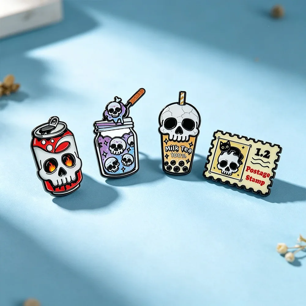 Halloween Dark Skull Beverage Metal Badge Funny Personality Brooch Student Backpack Clothing Accessories Decoration