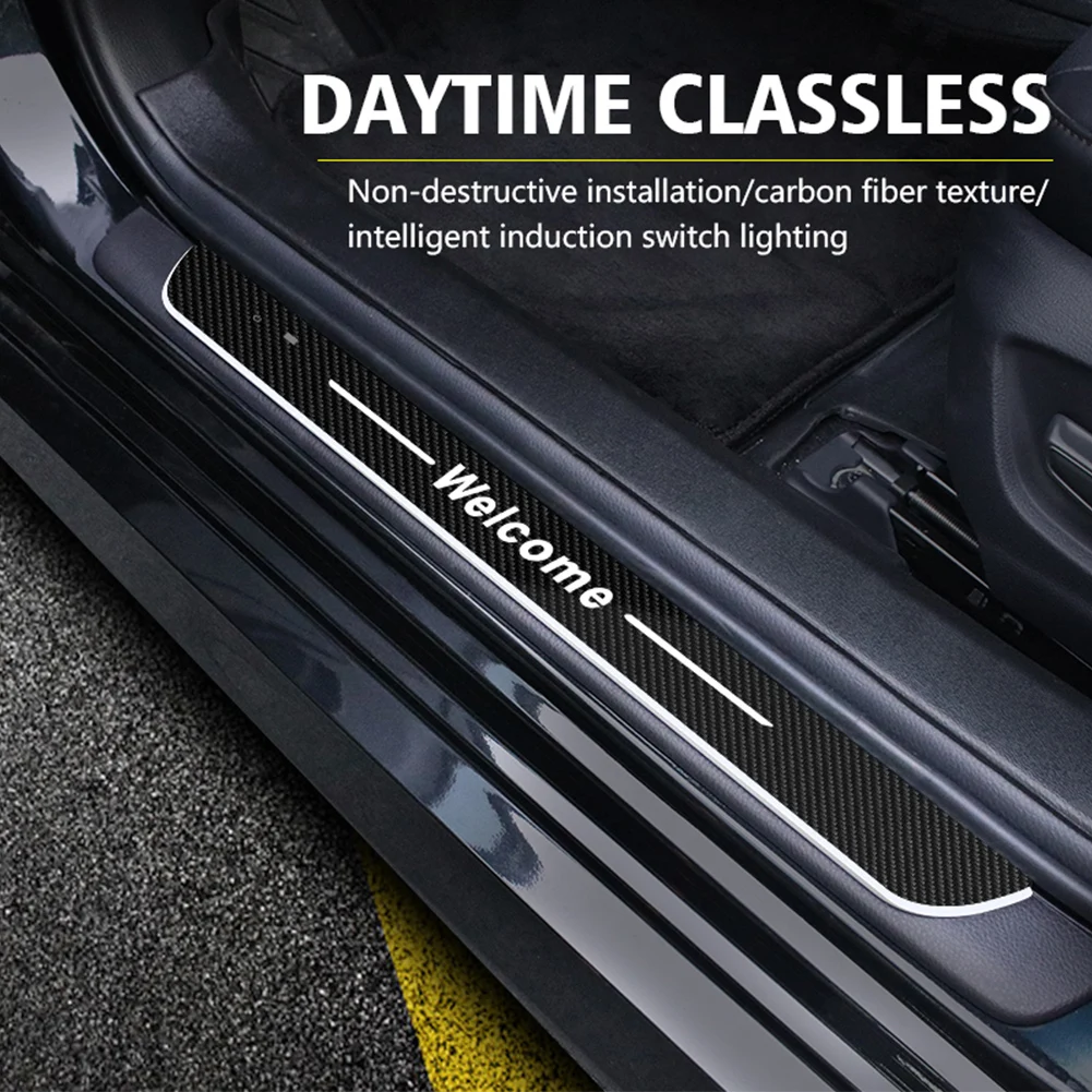 2PCS Car Door Sill Light LED Threshold Light Automatic On/Off Infrared Sensing Pedal Welcome Light Carbon Fiber Atmosphere Light