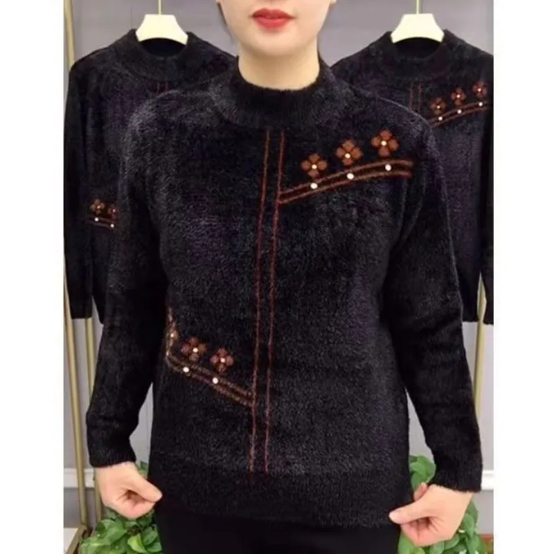 Autumn Winter Women's Solid Round Neck RhinestoneScrew Thread Flower Embroidery Pullover Long Sleeve Sweater Knitted Casual Tops