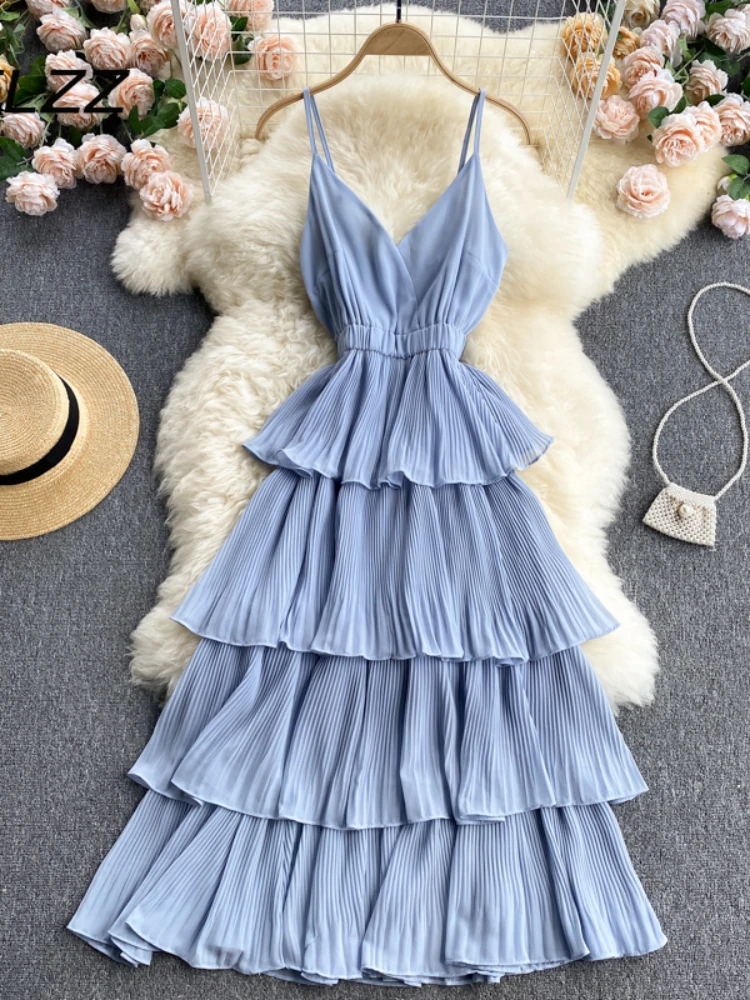 Women Beach Midi Dress 2021 New Summer Sexy V-neck Pleat Layer Ruffled Beach Dresses Ladies Elegant A Line Long Robe Vestido