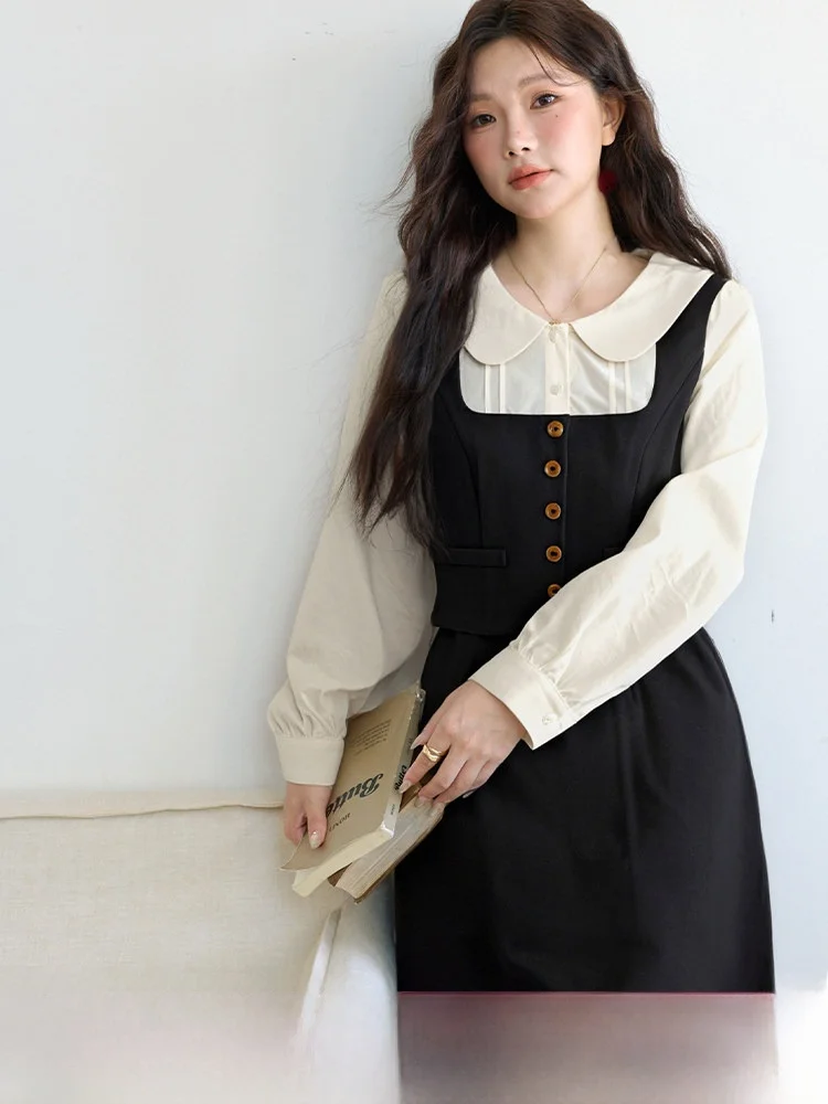 

Платье-миди больших размеров с круглым вырезом, вставками и эффектом похудения, А-силуэт, из полиэстера, с длинными рукавами, для повседневной носки