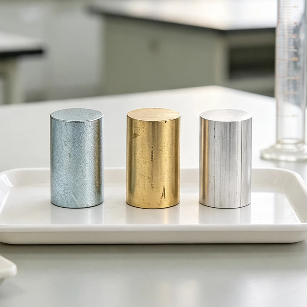 3-teiliges poliertes Metallzylinder-Set aus Messing, Aluminium und Eisen mit Kunststoffgehäuse, Lehrmittel für Schule und Labor – Detail 1