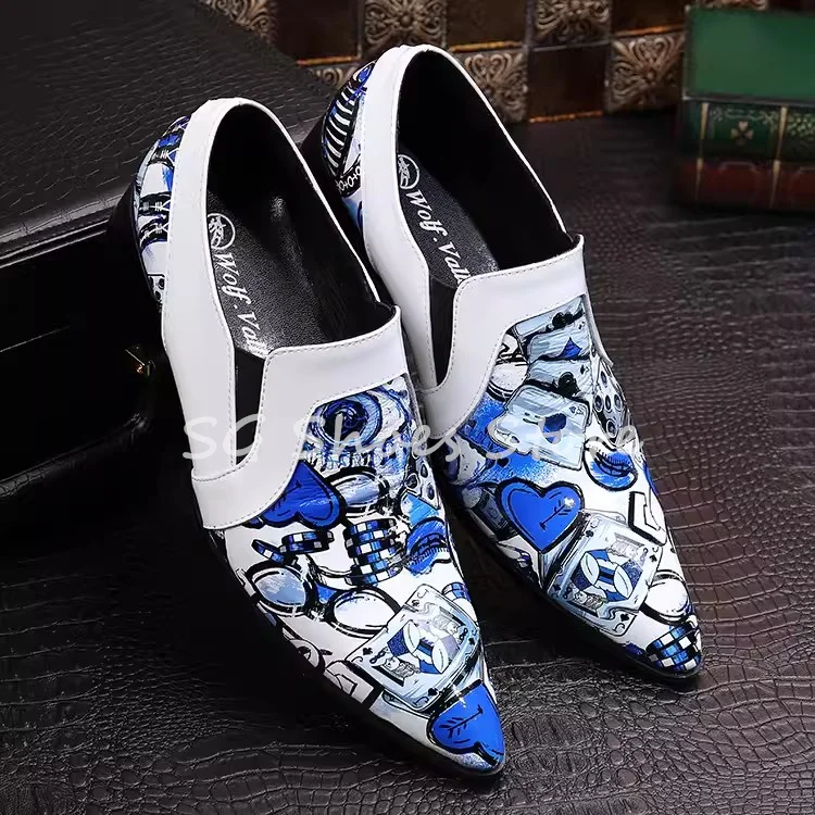 

Luxury Wedding Dress Shoes for Men Mixed Color Prints Pointed Toe Chunky Heel Shallow Loafers Male Genuine Leather Driving Shoes
