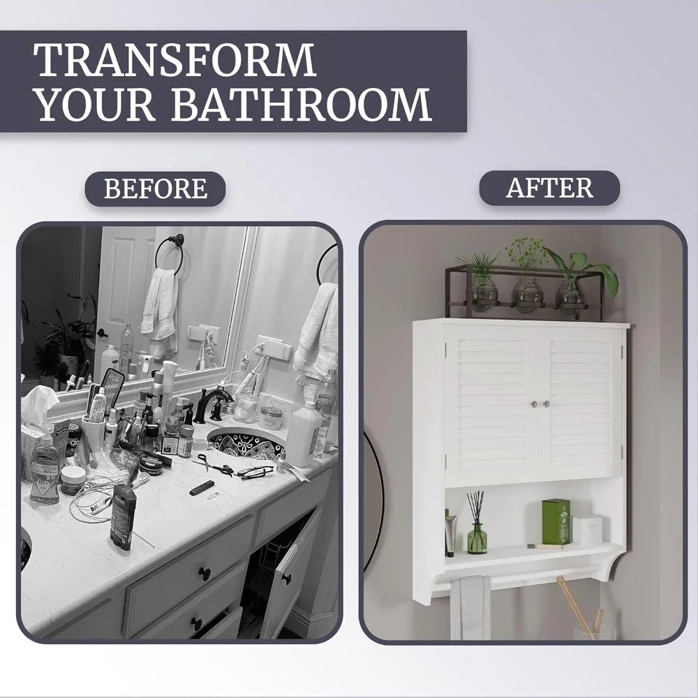 Стильный белый настенный шкаф для ванной комнаты с жалюзи, вешалкой для полотенец и регулируемыми полками для небольших домов