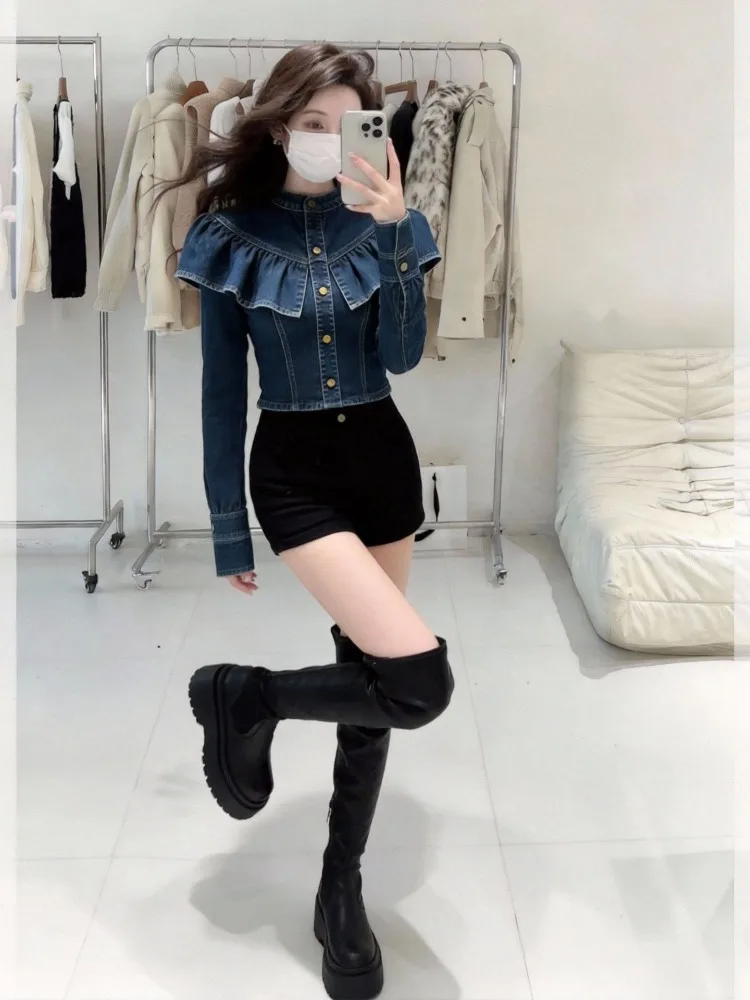 Women's Denim Ruffle Short Jacket Spring Autumn High Street Button-Down Design Youthful Chic Top Coat Long-sleeved Harajuku