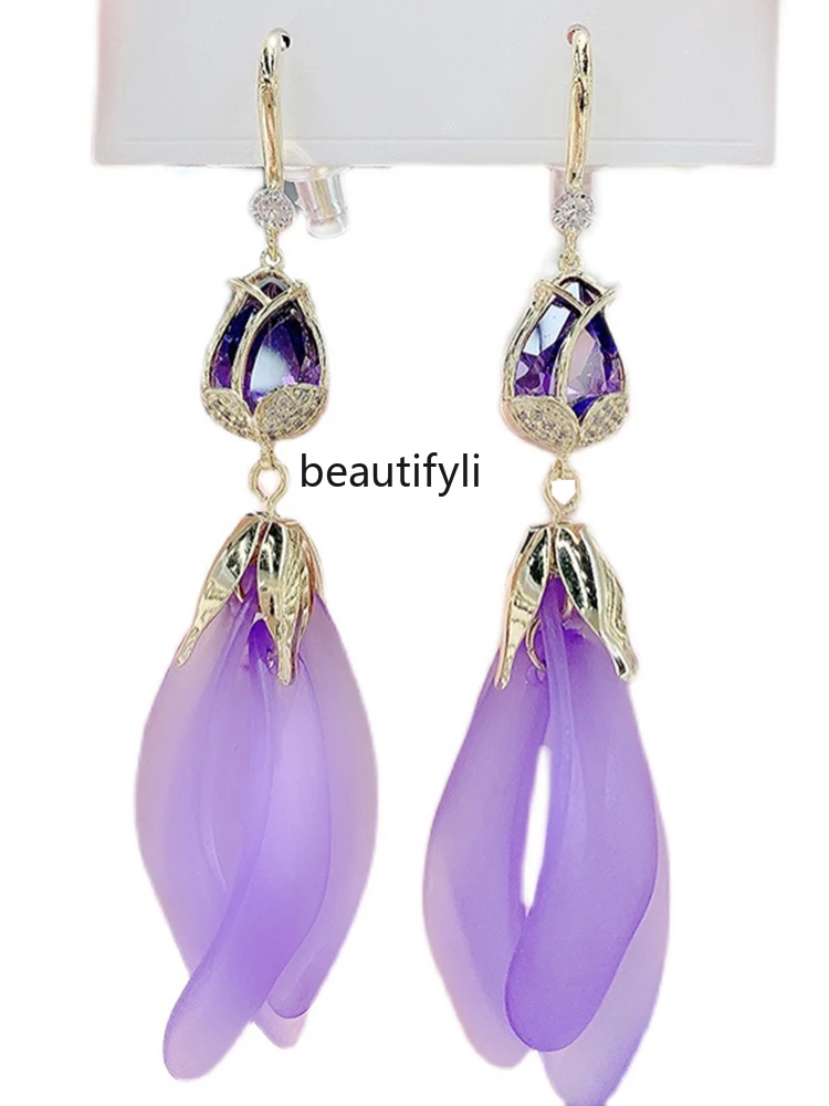 

Tassel Earrings Long Niche Design Sense Premium Purple Opal Earrings Sterling Silver Earrings