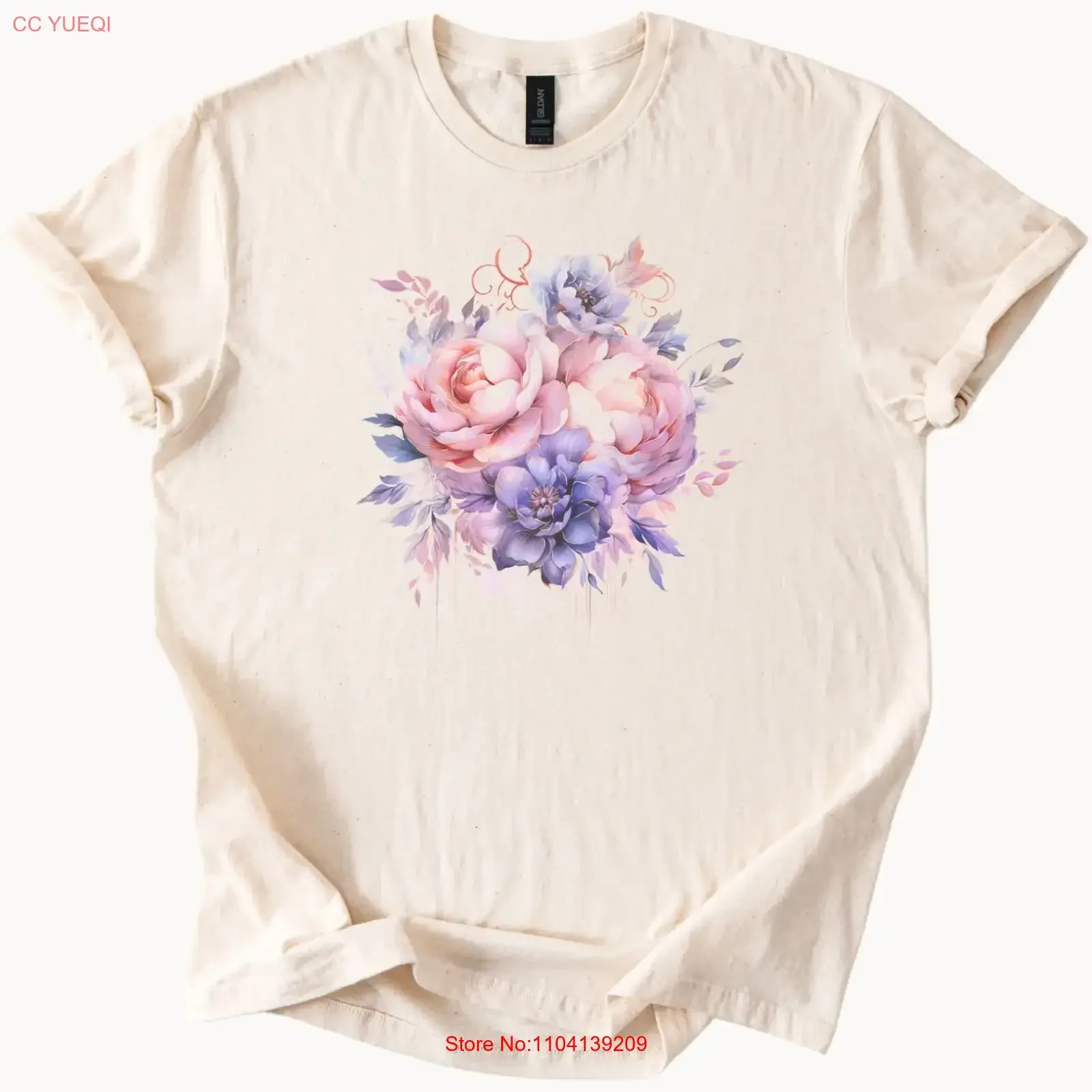 Pastel Peony and Purple Floral T Shirt Watercolor Flower Art vintage Washed Versatile Breathable homme Comfortable