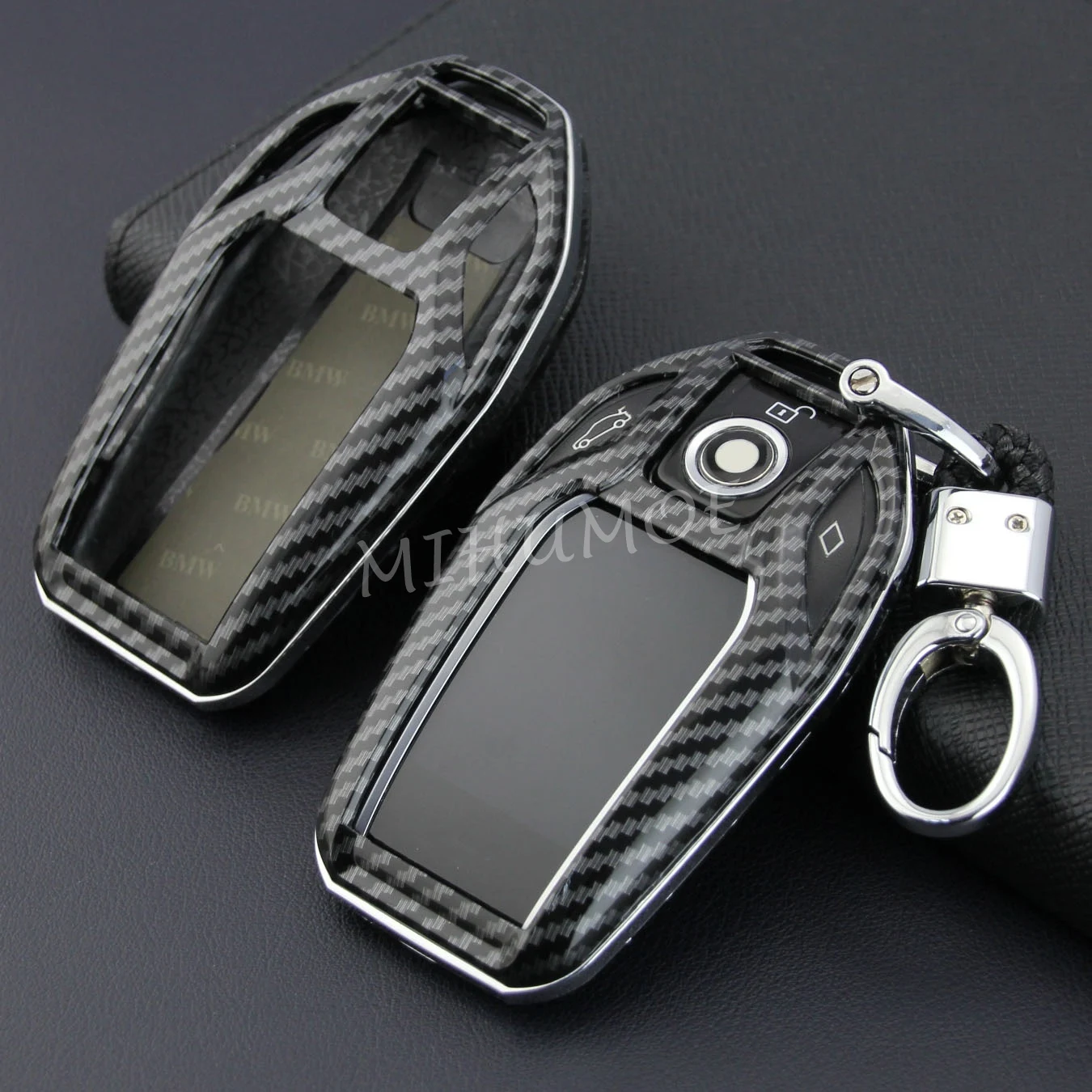 For BMW 5 6 7 8 Series X3 X4 X5 X7 G30 G31 G32 G11 G12 G70 G01 G02 G05 G07 Carbon Fiber LCD Screen Car Key Fob Case Cover Chain