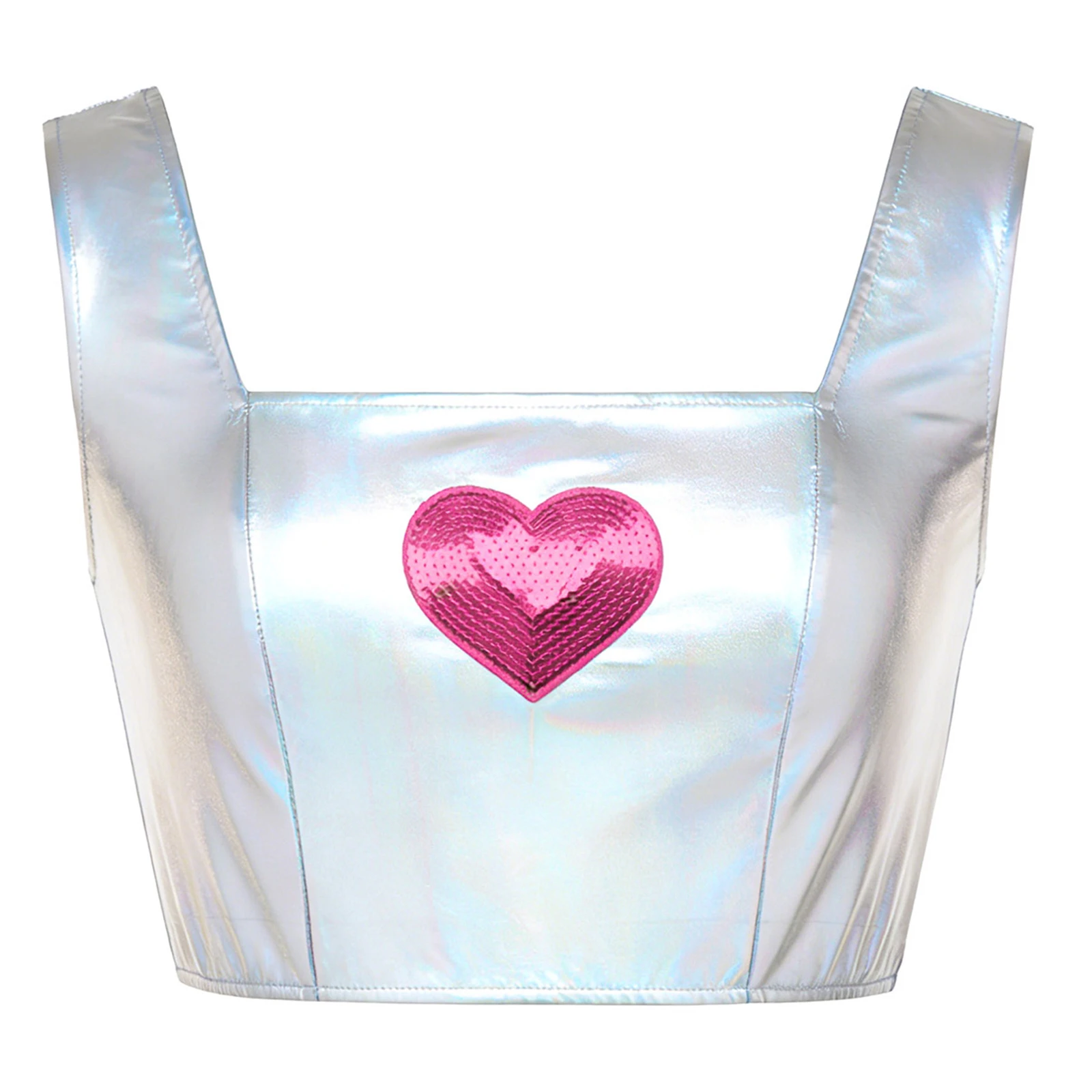 

Women Rave Party Metallic Sequined Heart Cropped Tank Top Shiny Square Neck Sleeveless Top Vest for Street Modern Dance Clubwear