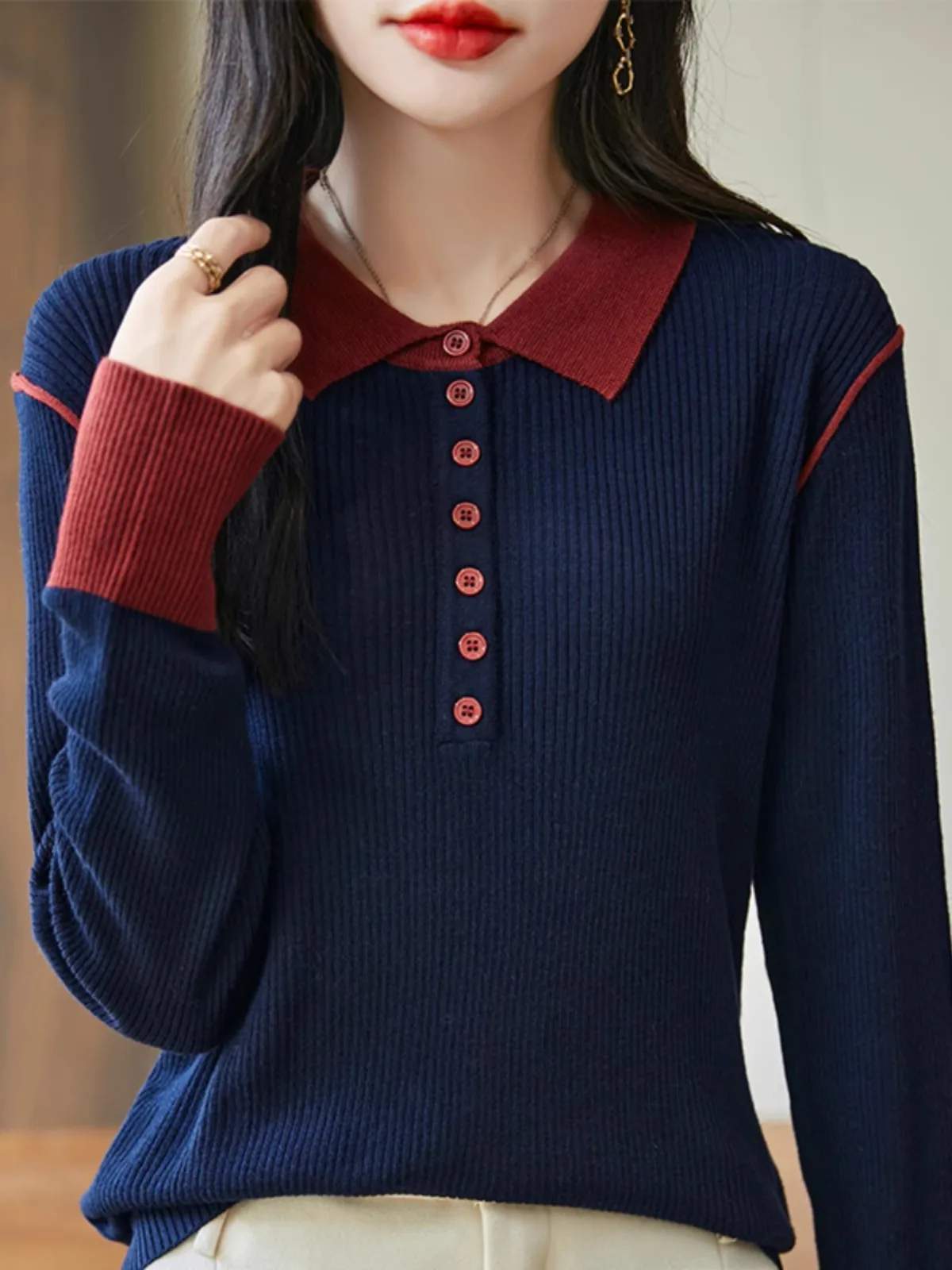 

Осень-зима 2023, новый женский вязаный свитер Ne сращенного цвета, утягивающий базовый слой, модный универсальный ...