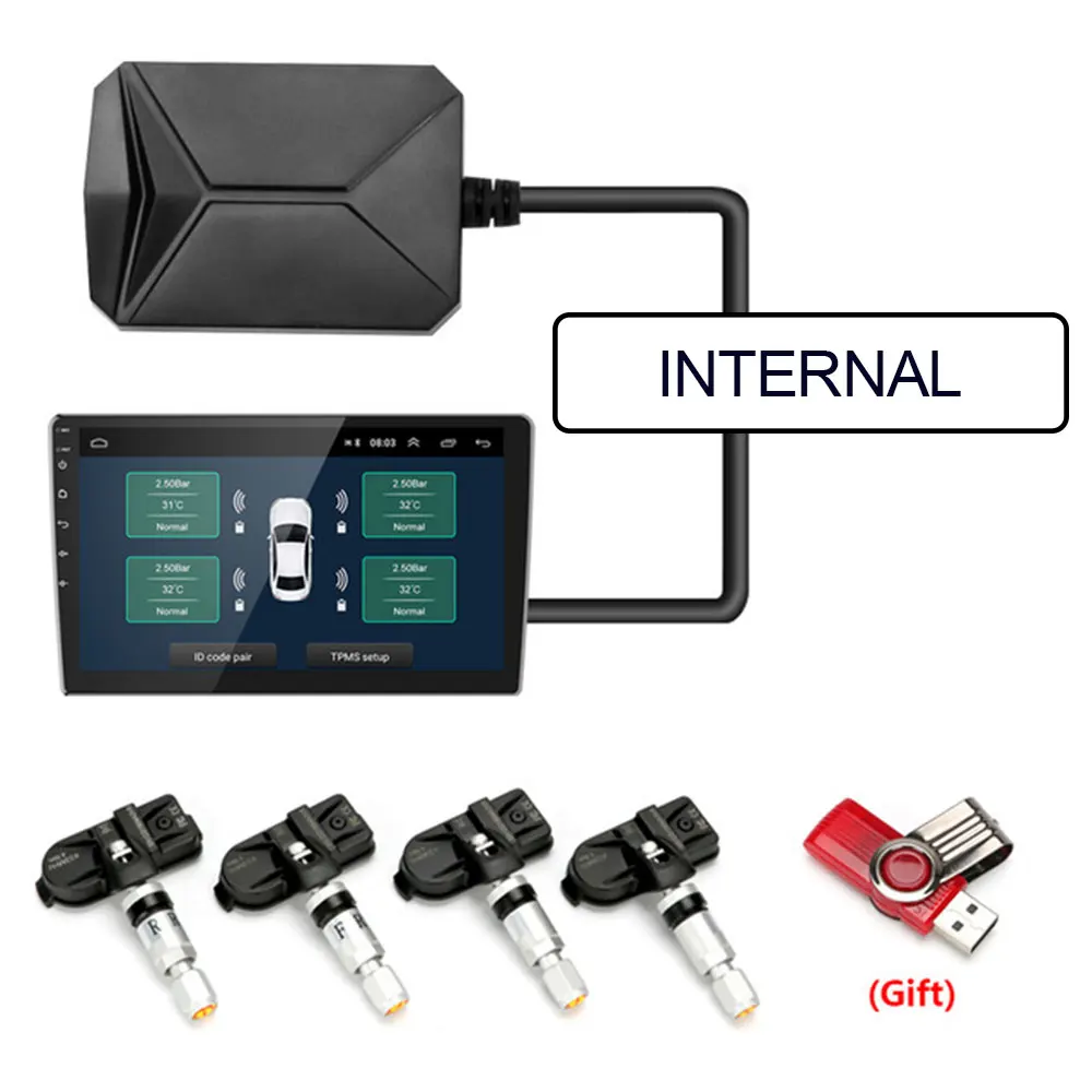 Internal USB TPMS Car Tire Pressure Alarm Monitor System For vehicle Android player Temperature Warning with four sensors