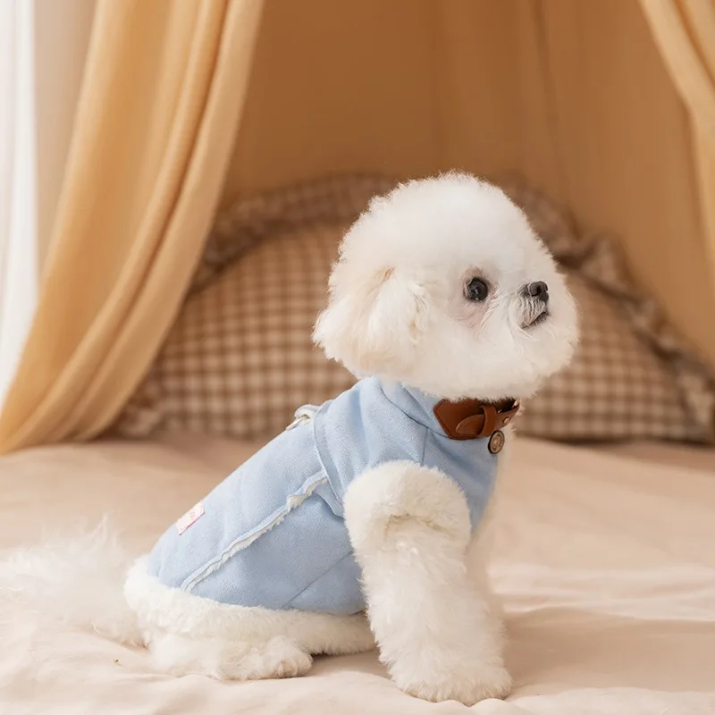 Fleece-Lined Pet Cotton Coat Sleeveless Dog Clothing Winter Thickened Teddy Jacket Warm Poodle Dog Two-Legged Clothes