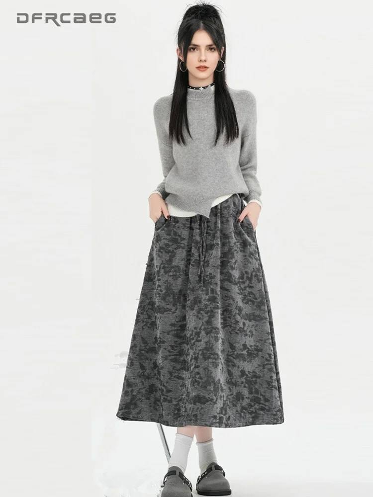 

Autumn Winter Retro Ink Tie-Dye Velvet A-Line Skirt For Women High Waisted Loose Drawstring Velour Long Skirts Lady