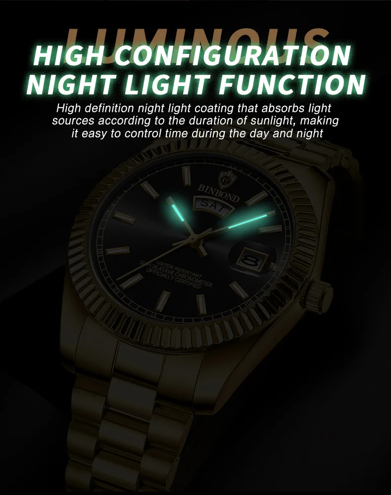 BINBOND Luxury Sport Wrist Watch For Man Waterproof Luminous Date Men Watch Quartz Stainless Steel Men's Watches Male Reloj