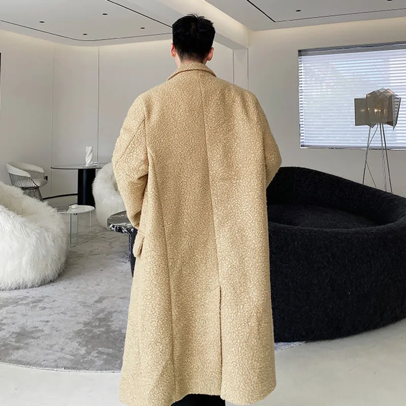 PFNW Men's Khaki Thickened Korean Lapel Tweed Coat Autumn Winter Trend Loose Fit Single Breasted Outerwear Woolen Coat 9A6460